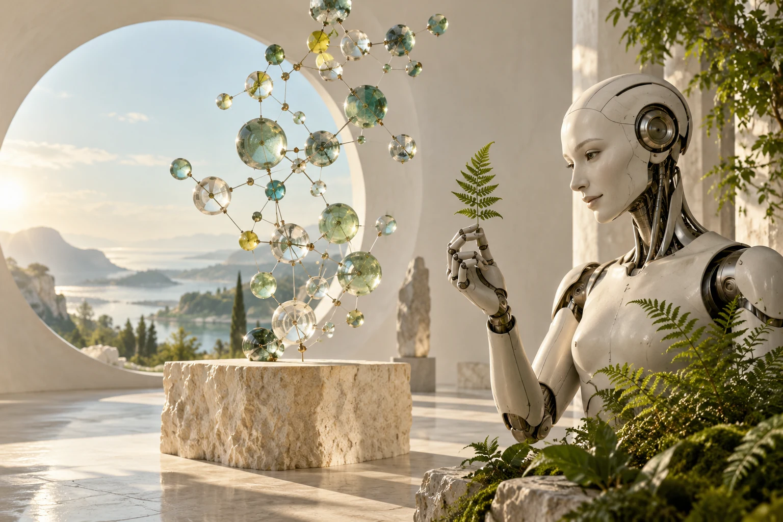 Concept illustration: an ivory humanoid holding a fern beside a molecular sculpture.