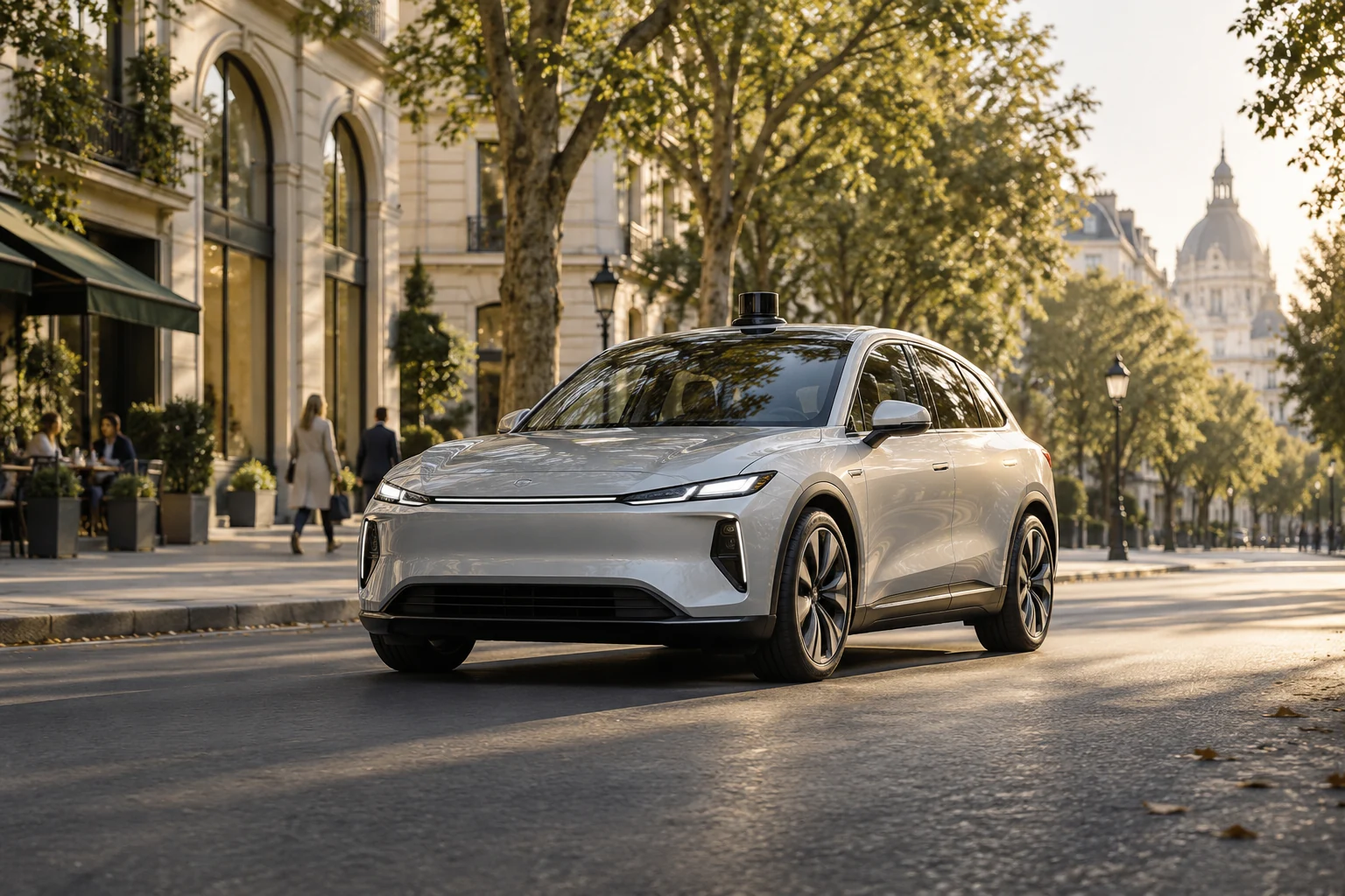 Concept illustration: A concept autonomous vehicle on a contemporary city street.