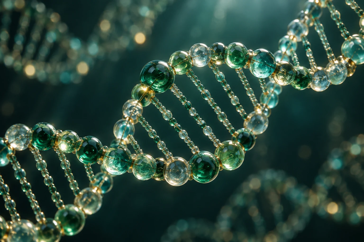 Concept illustration: A sculptural DNA double helix made from translucent green glass elements.