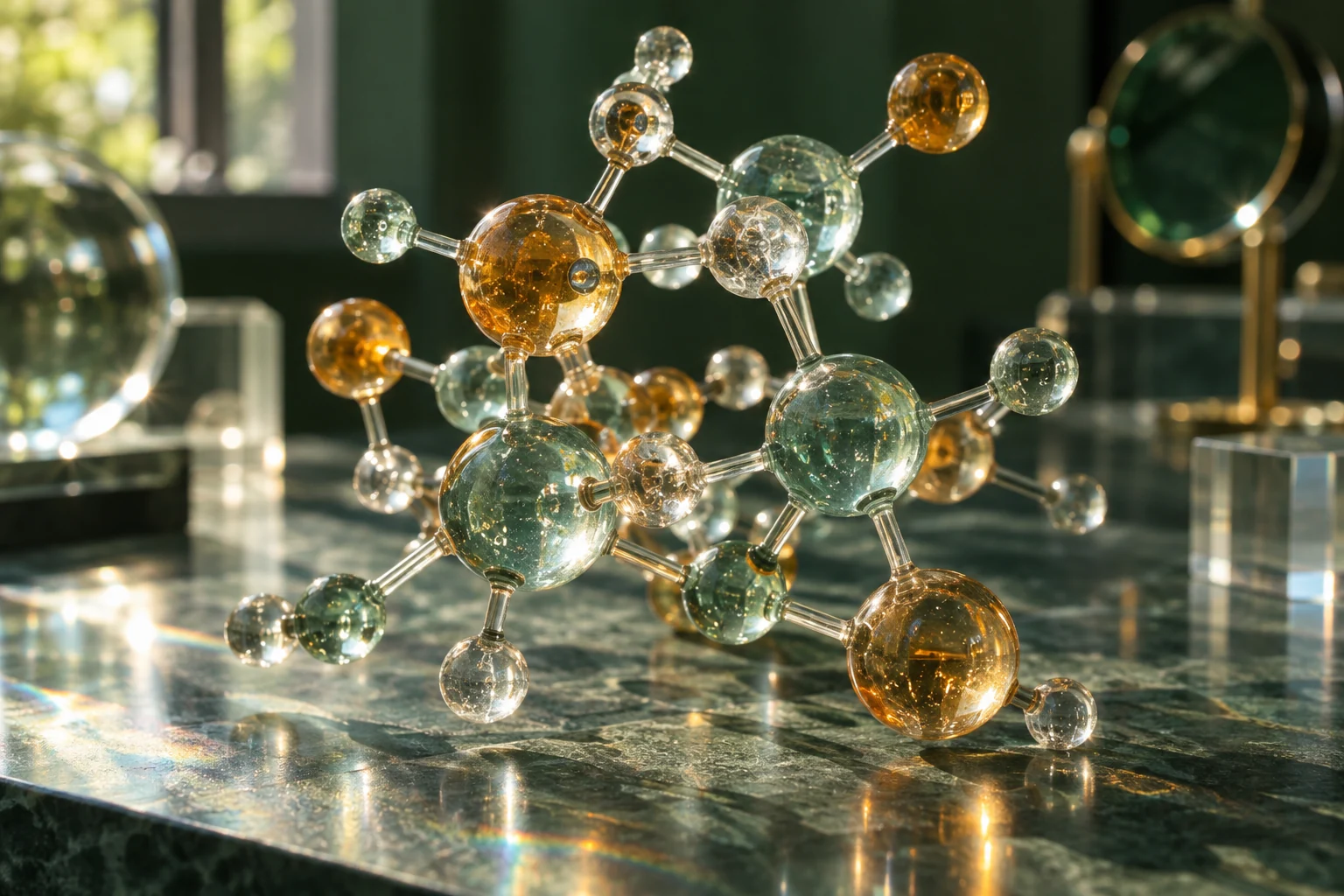 Concept illustration: A three-dimensional molecular sculpture in an optical laboratory setting.