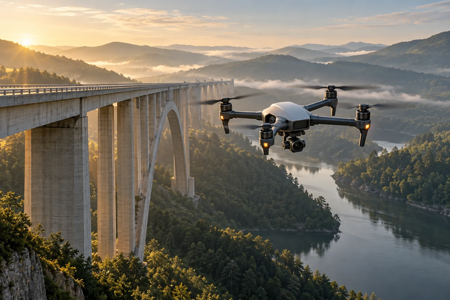 Concept illustration: A civilian inspection drone beside a large bridge in a green landscape.