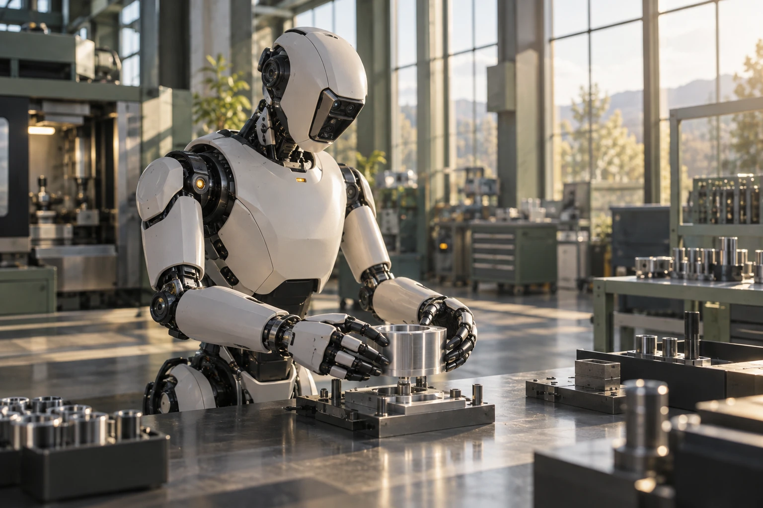 Concept illustration: An unbranded humanoid robot handling a component in a bright factory.