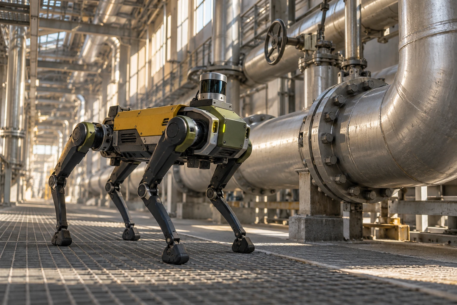 Concept illustration: An unbranded four-legged inspection robot in an industrial facility.